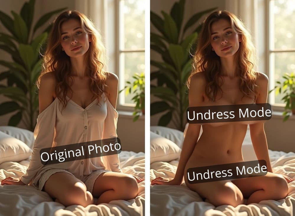 Before/after AI undress photo transformation